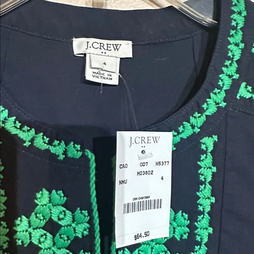 J. Crew Navy Top with Green Embroidery